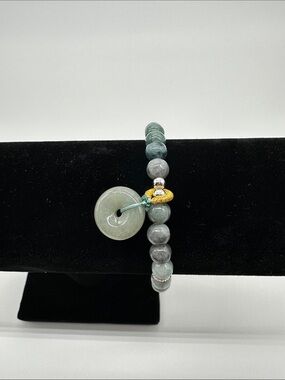 Jade Bead Bracelet with Donut Charm and Silver Accents
